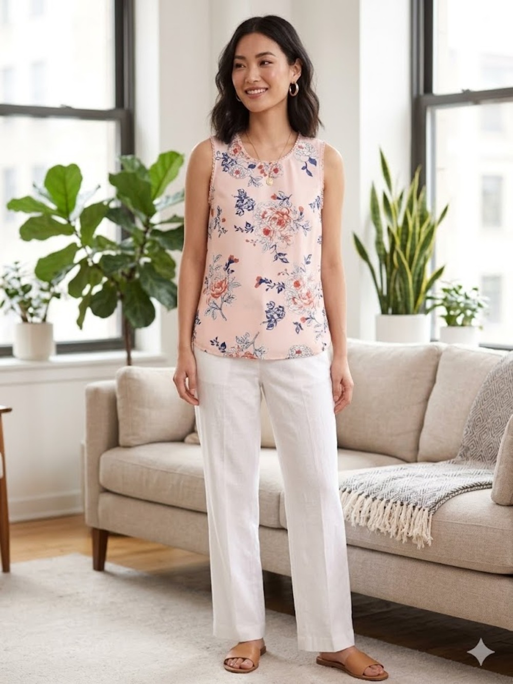 Daniel Rainn Pale Pink Floral Blouse Womens Relaxed Sleeveless Top Petite M